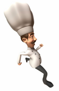 A cartoon chef running on a white background in SW Houston Westchase Area.