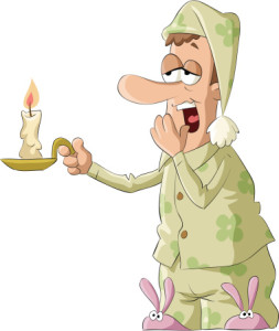 A cartoon man in pajamas holding a candle in his apartment.