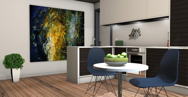 A 3d rendering of a kitchen with a painting on the wall in Apartments in Westpark.