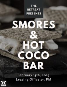 A flyer advertising a smores and hot cocoa bar, located near Apartments in Westpark.